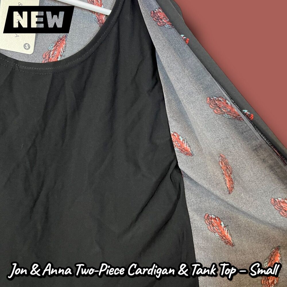 New Jon & Anna Layered Cardigan Tank Top – Black Feather Print – Size Small - Picture 6 of 7